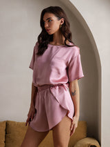 [Malva Pálido] SilkSilky-ES Short Sleeve Round Neck Pijamas de mujer 005