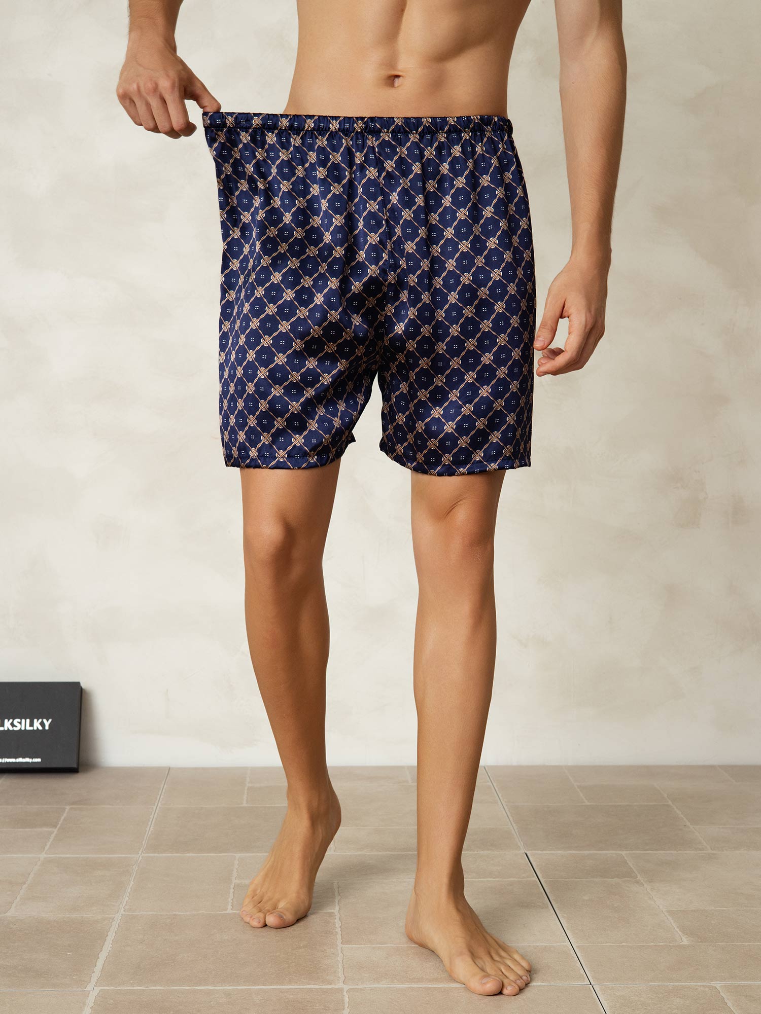 [Cadena Azul Marino] SilkSilky-ES Seda Pura Mens Sleep Bottoms 002