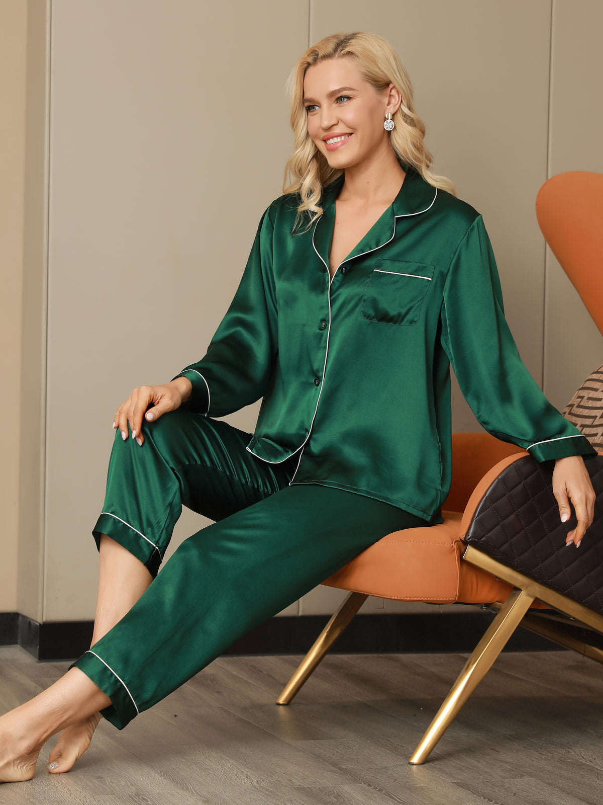 [Verde] SilkSilky-ES Manga larga Cuello de Muesca Pijamas de mujer 005