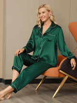 [Verde] SilkSilky-ES Long Sleeve Lapel Collar Pijamas de mujer 005