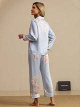 [Azul Claro] SilkSilky-ES Long Sleeve Lapel Collar Pijamas de mujer 002