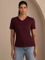 [Vino] SilkSilky-ES Short Sleeve V Neck Camisetas de Mujer 003