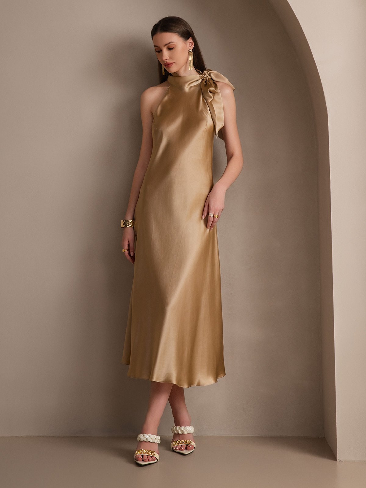 [Champán] SilkSilky-ES 19Momme Seda Sin mangas Corbata Vestido 007