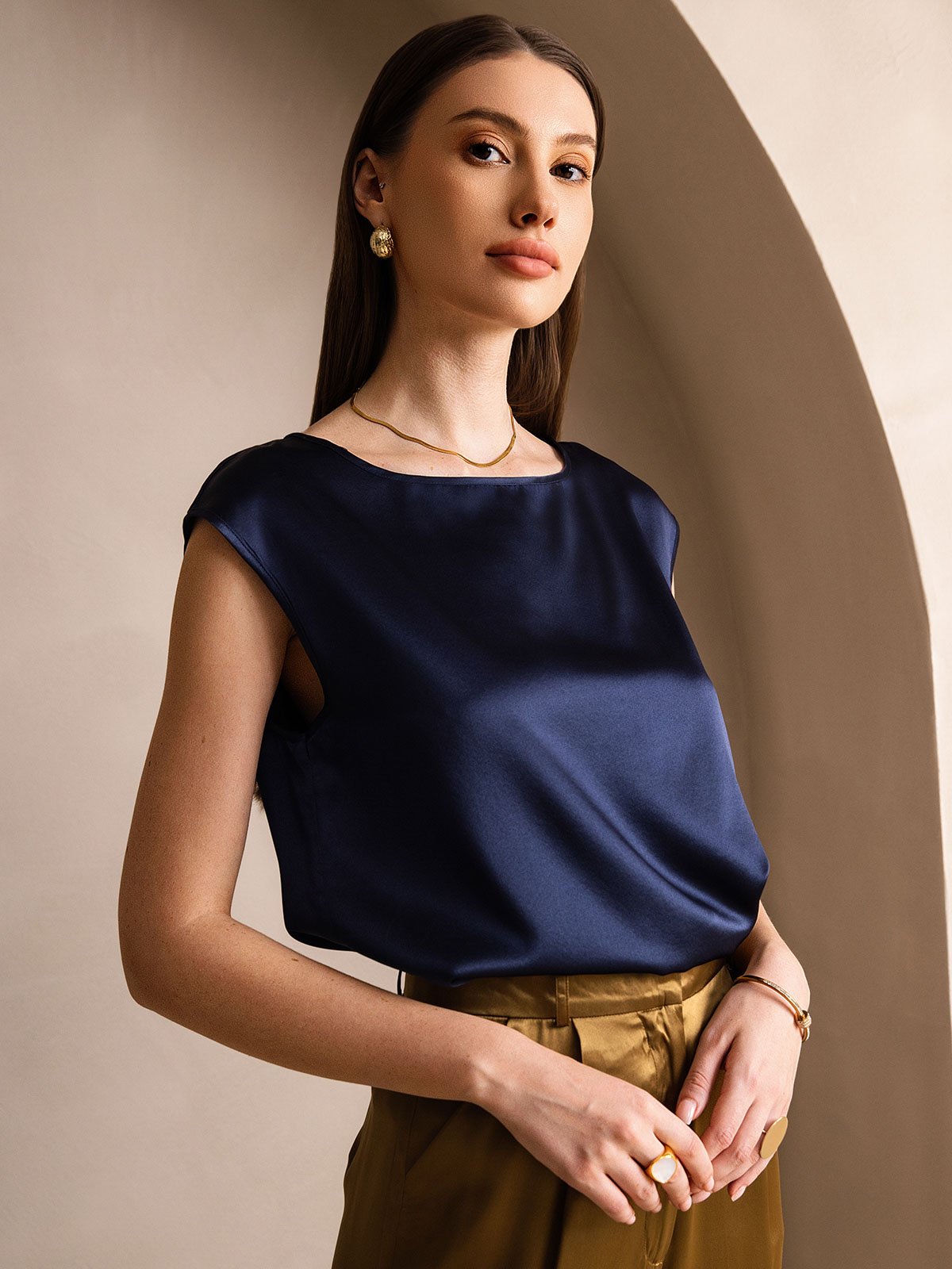[Azul Oscuro] SilkSilky-ES 19Momme Seda Womens T-Shirt 003