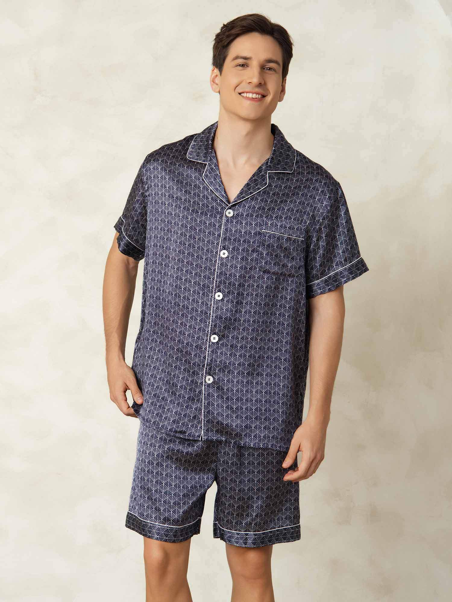 [GinkgoAzulMarino] SilkSilky-ES Seda Pura Lapel Collar Pijamas de hombre 005