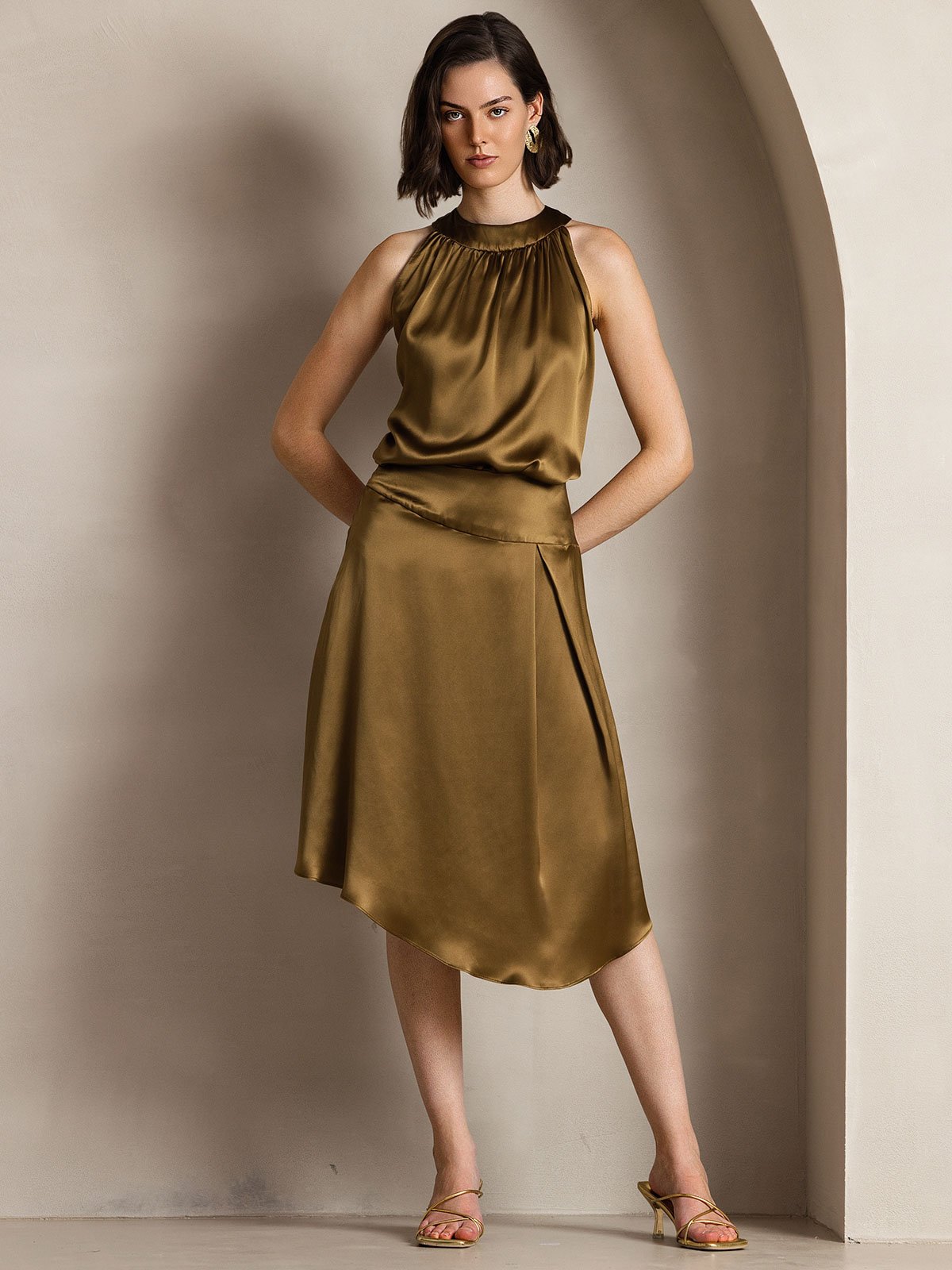 [Marrón] SilkSilky-ES 19Momme Seda Sin mangas Womens T-Shirt 005