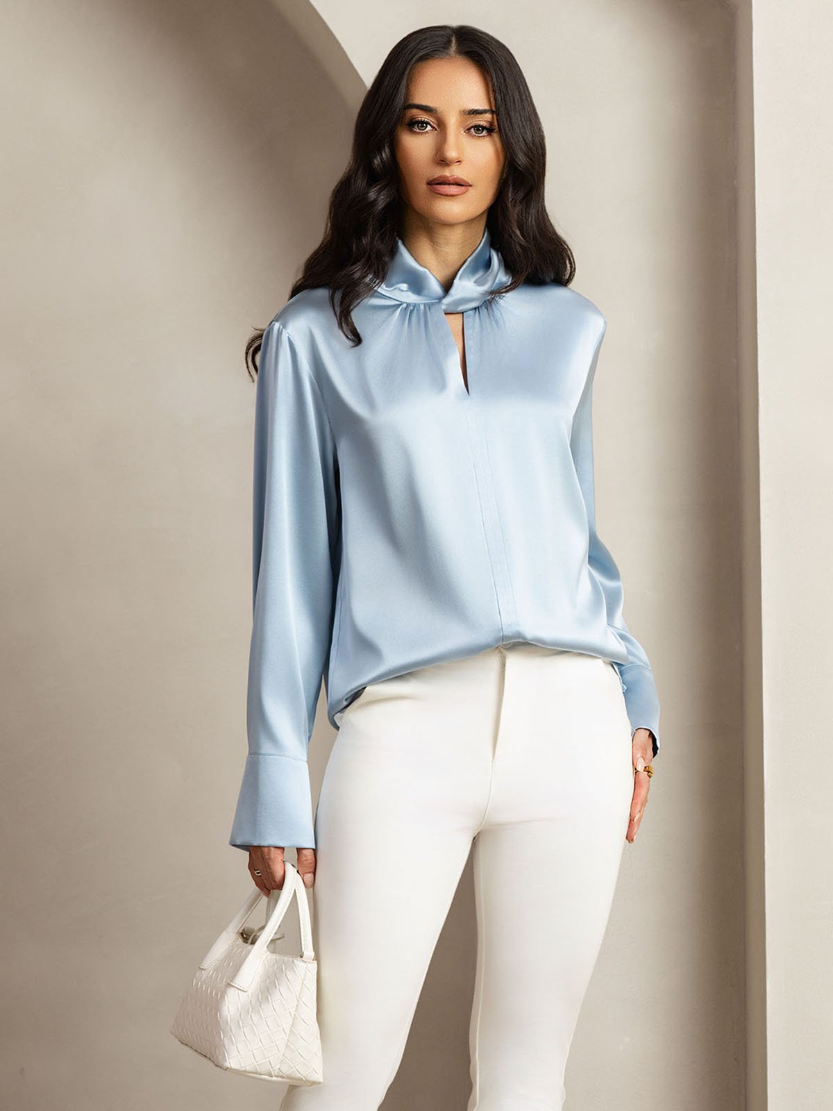 [AzulGrisáceo] SilkSilky-ES 19Momme Seda Escote lágrima Blusas de Mujer 001