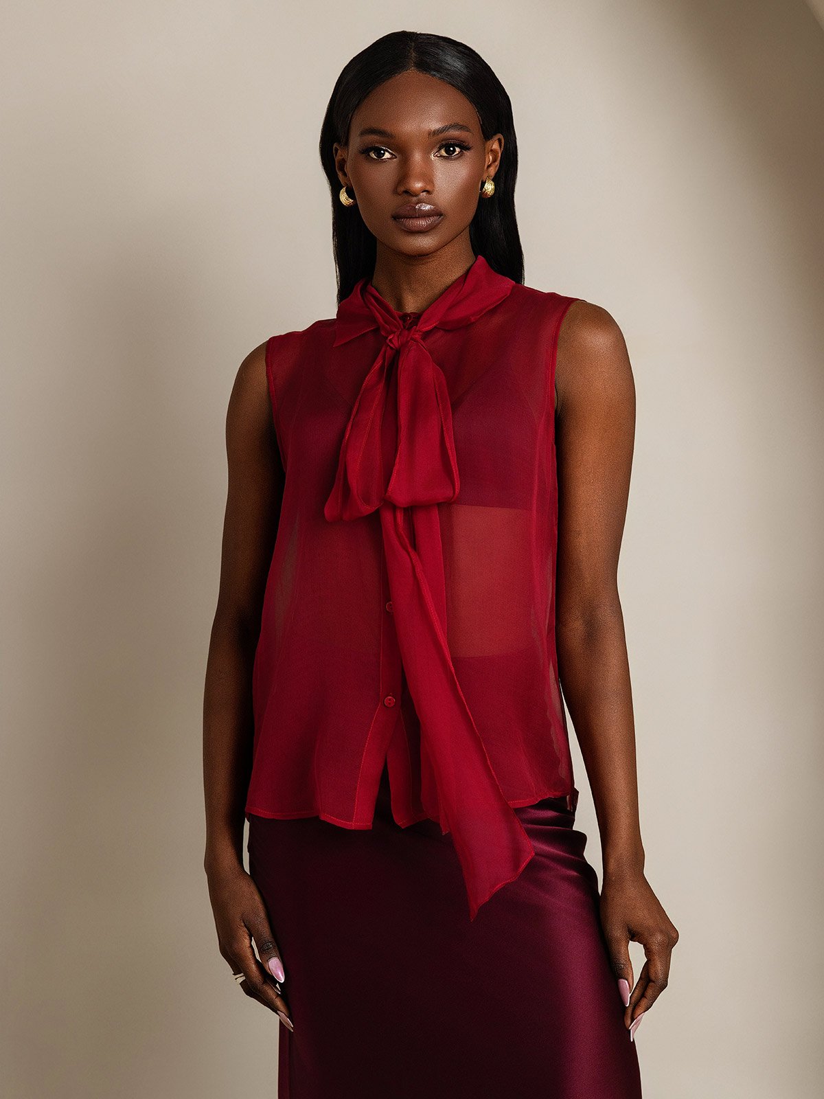 SilkSilky-ES Seda Pura Sin mangas Corbata Blusas de Mujer Vino 001