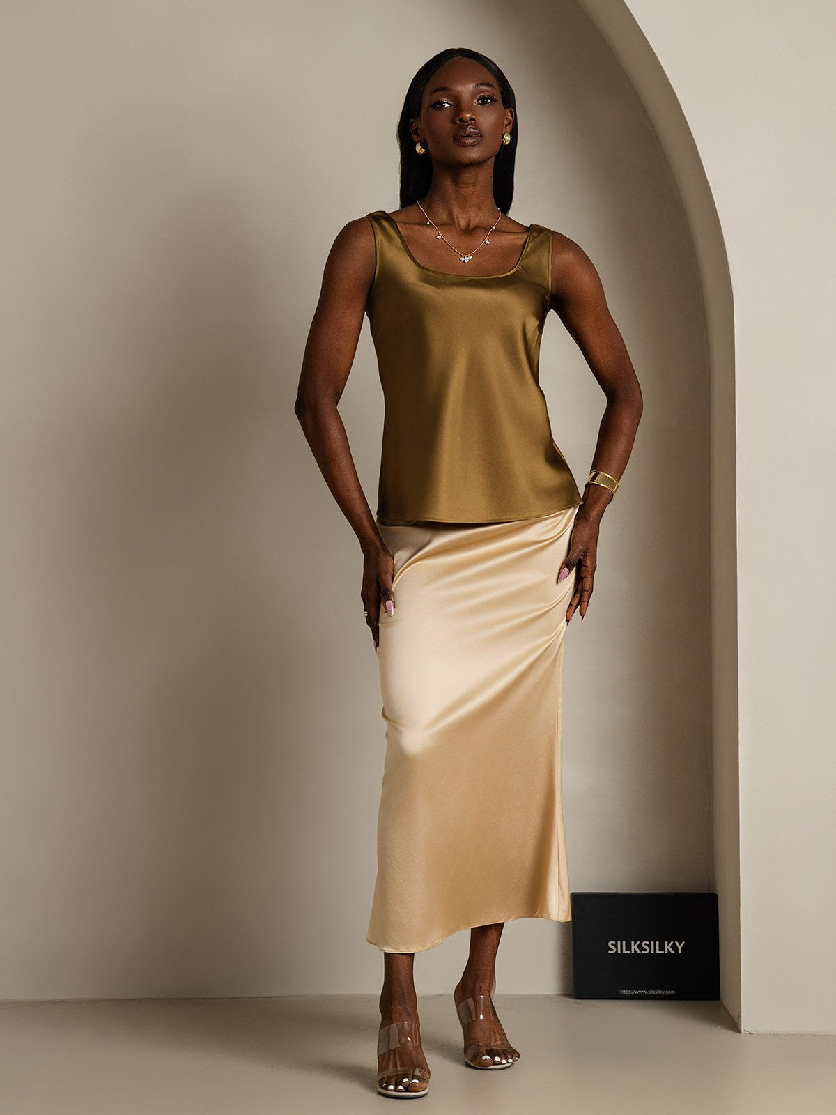 [Marrón] SilkSilky-ES 19Momme Seda Cuello en U Top de tirantes 007