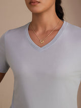 [Azul Grisáceo] SilkSilky-ES Short Sleeve V Neck Camisetas de Mujer 004