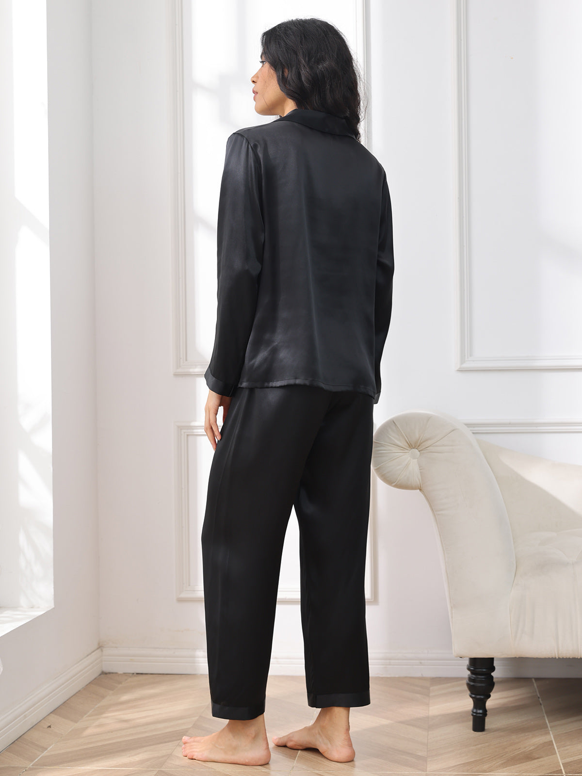 [Negro] SilkSilky-ES Seda Pura Womens Pajamas 002