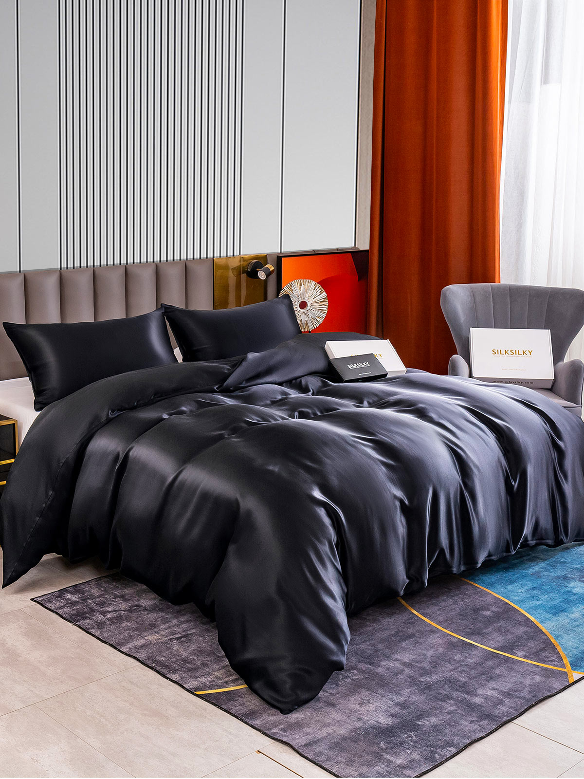 [Negro] SilkSilky-ES 22Momme Seda Pura Bedding Set 002