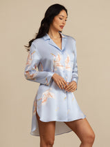 [Azul Claro] SilkSilky-ES Long Sleeve Lapel Collar Camisas de dormir 001