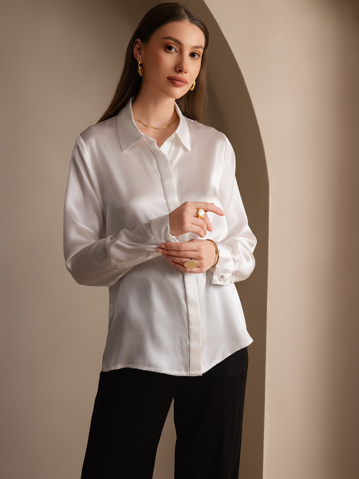 [Blanco] SilkSilky-ES 19Momme Seda Lapel Collar Blusas de Mujer 005