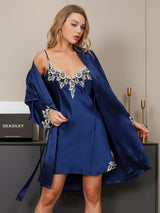[Azul Oscuro] SilkSilky-ES 3/4 Sleeve V Neck Conjunto de camisón y bata 004