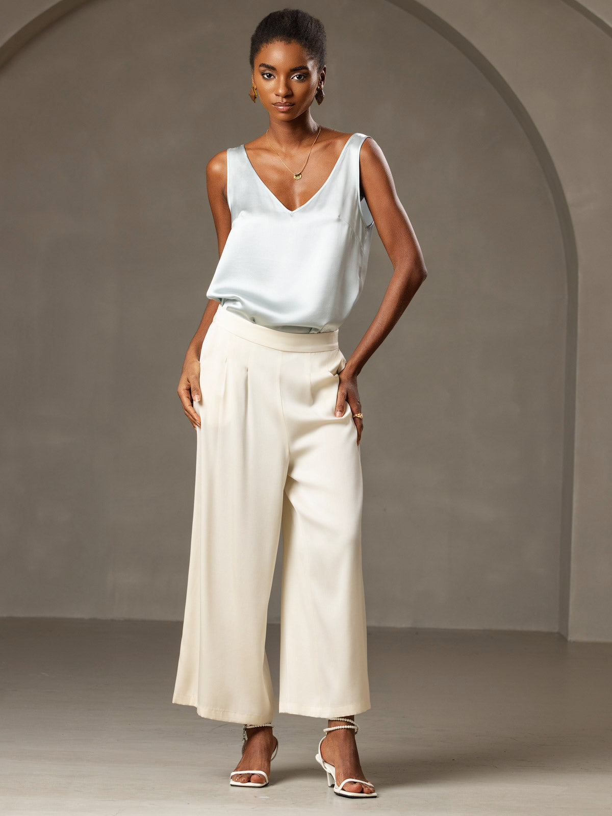 [Azul Claro] SilkSilky-ES 19Momme Sin mangas Cuello en V Top de tirantes 007