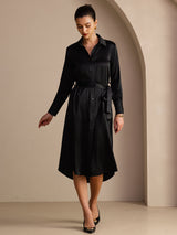 [Negro] SilkSilky-ES Long Sleeve Lapel Collar Vestido 005
