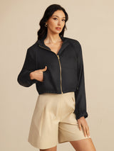 [Negro] SilkSilky-ES 18Momme Manga larga Cuello Alto Chaqueta de mujer 004