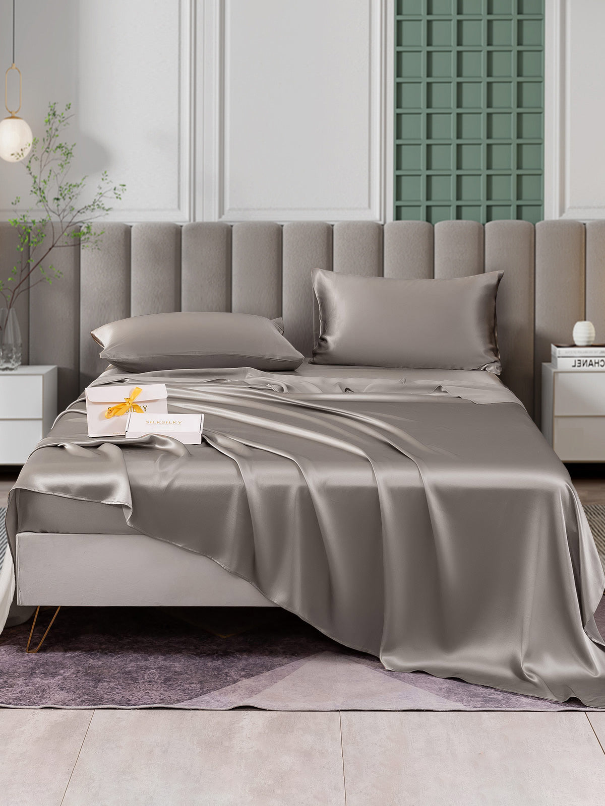 SilkSilky ES 25Momme Seda Pura Bedding Set Gris 001