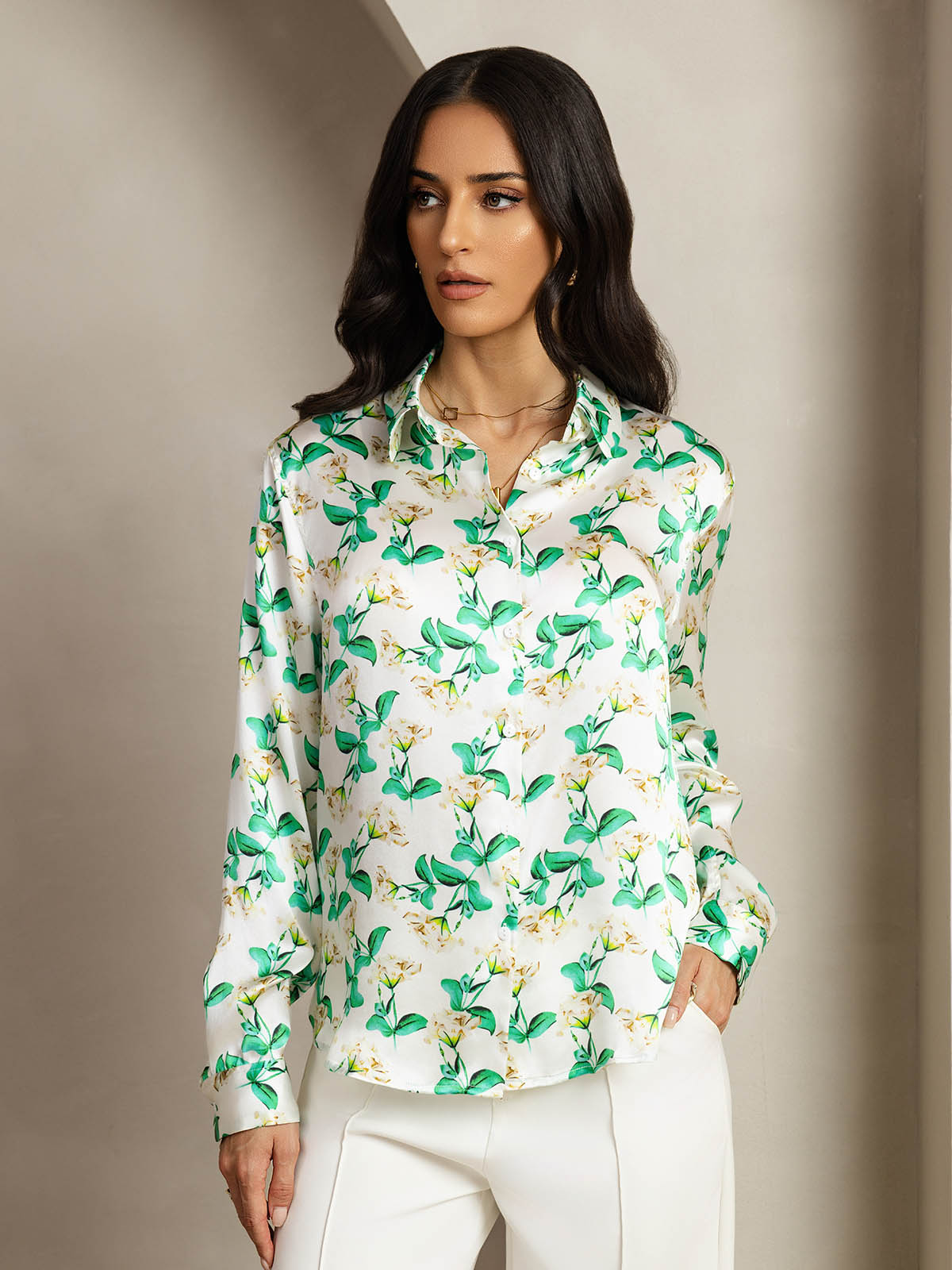 [Floral Verde] SilkSilky-ES Seda Manga larga Cuello Camisero Blusas de Mujer 005
