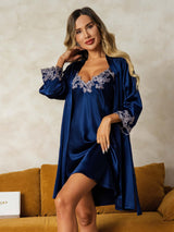 [Azul Oscuro] SilkSilky-ES 3/4 Sleeve V Neck Conjunto de camisón y bata 001