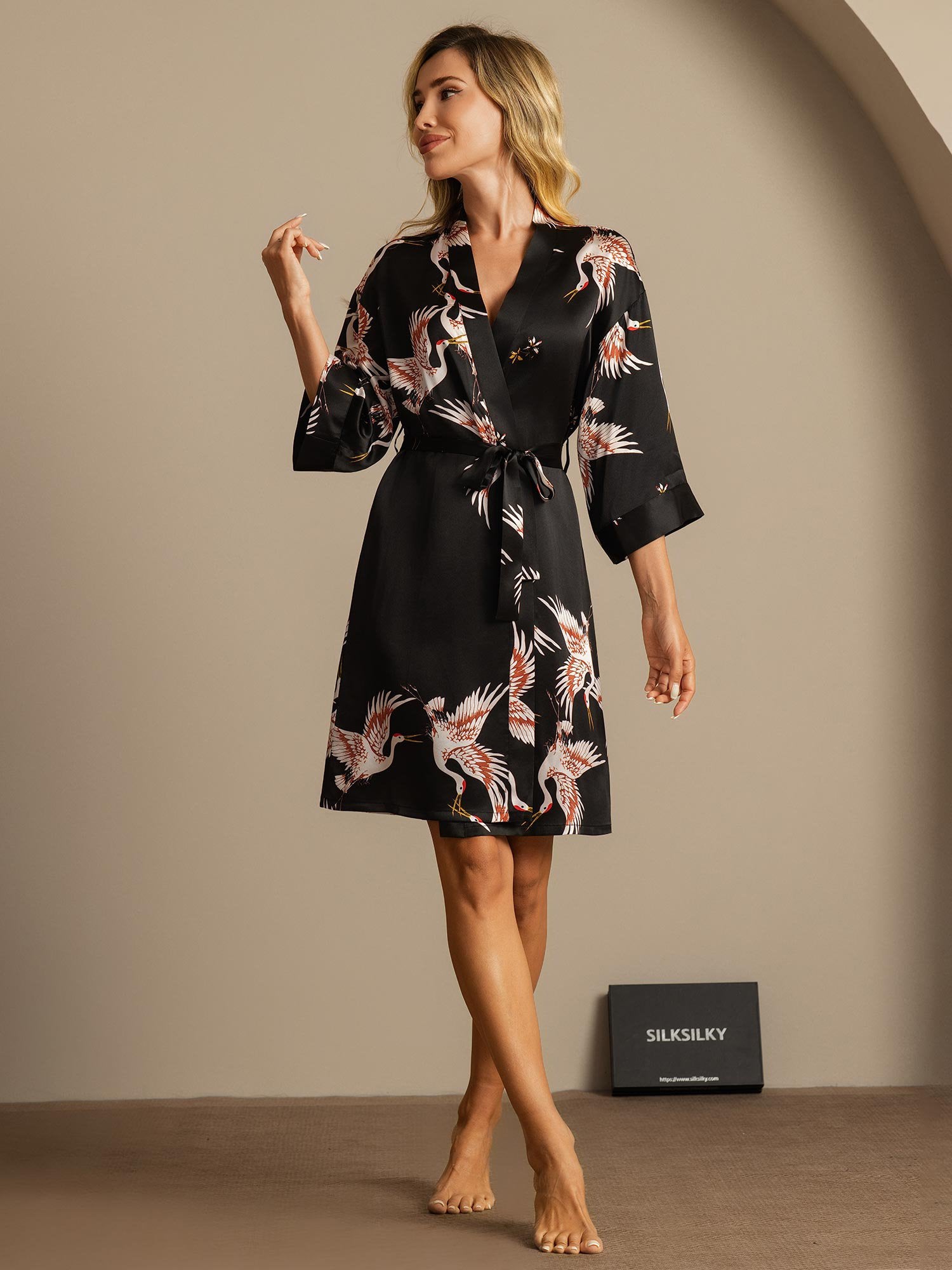 [Negro] SilkSilky-ES 19Momme Seda Pura Womens Robe 005