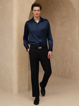 [Azul Oscuro] SilkSilky-ES 19Momme Manga larga Cuello con Solapa Camisa de hombre 007