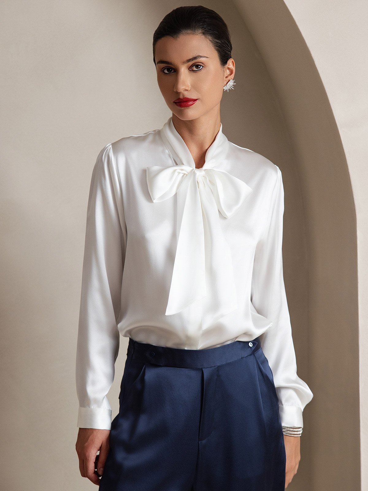 [Blanco] SilkSilky-ES 19Momme Seda Manga larga Corbata Blusas de Mujer 001