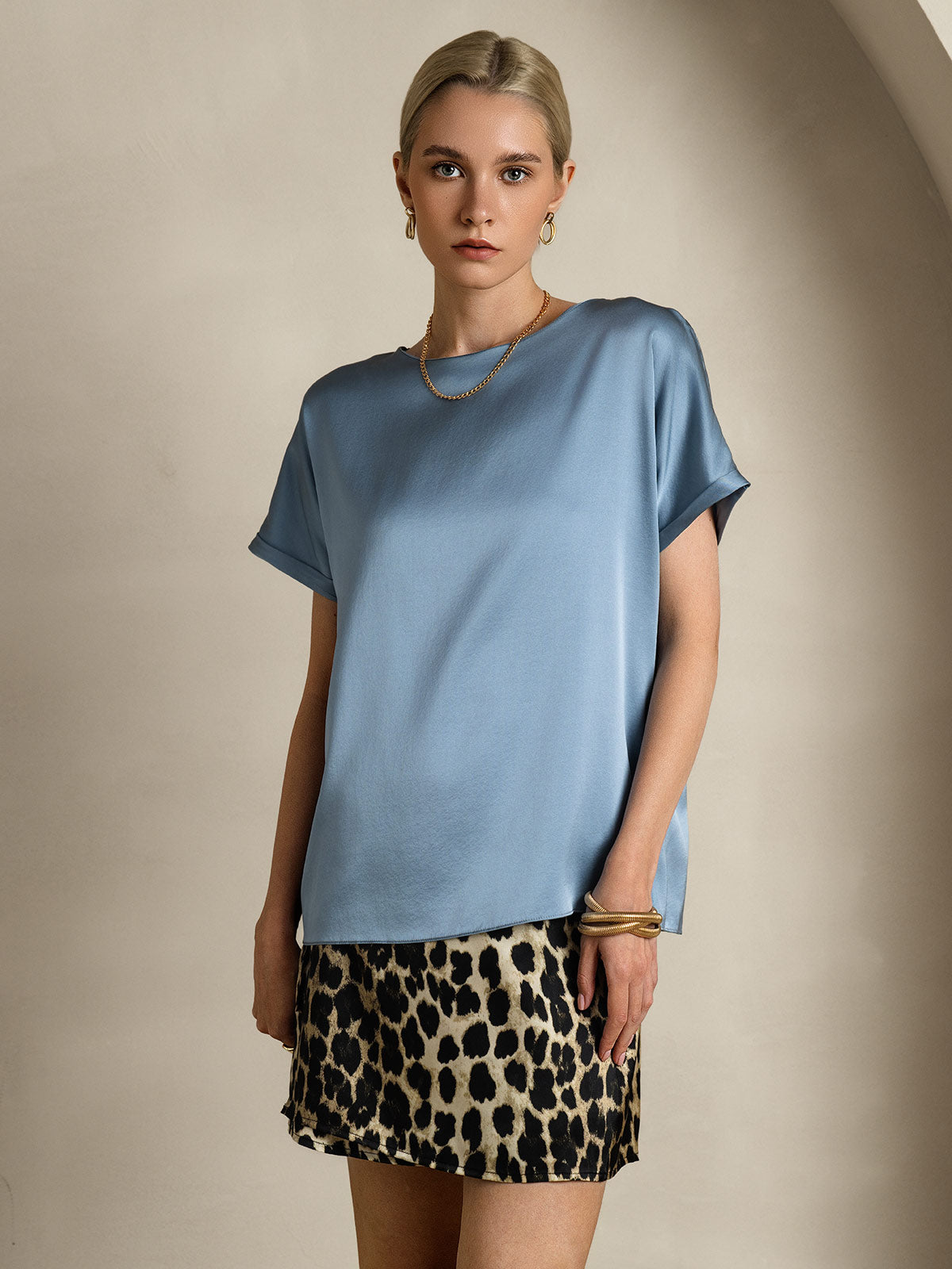 [Azul Grisáceo] SilkSilky-ES 19Momme Seda Womens T-Shirt 003