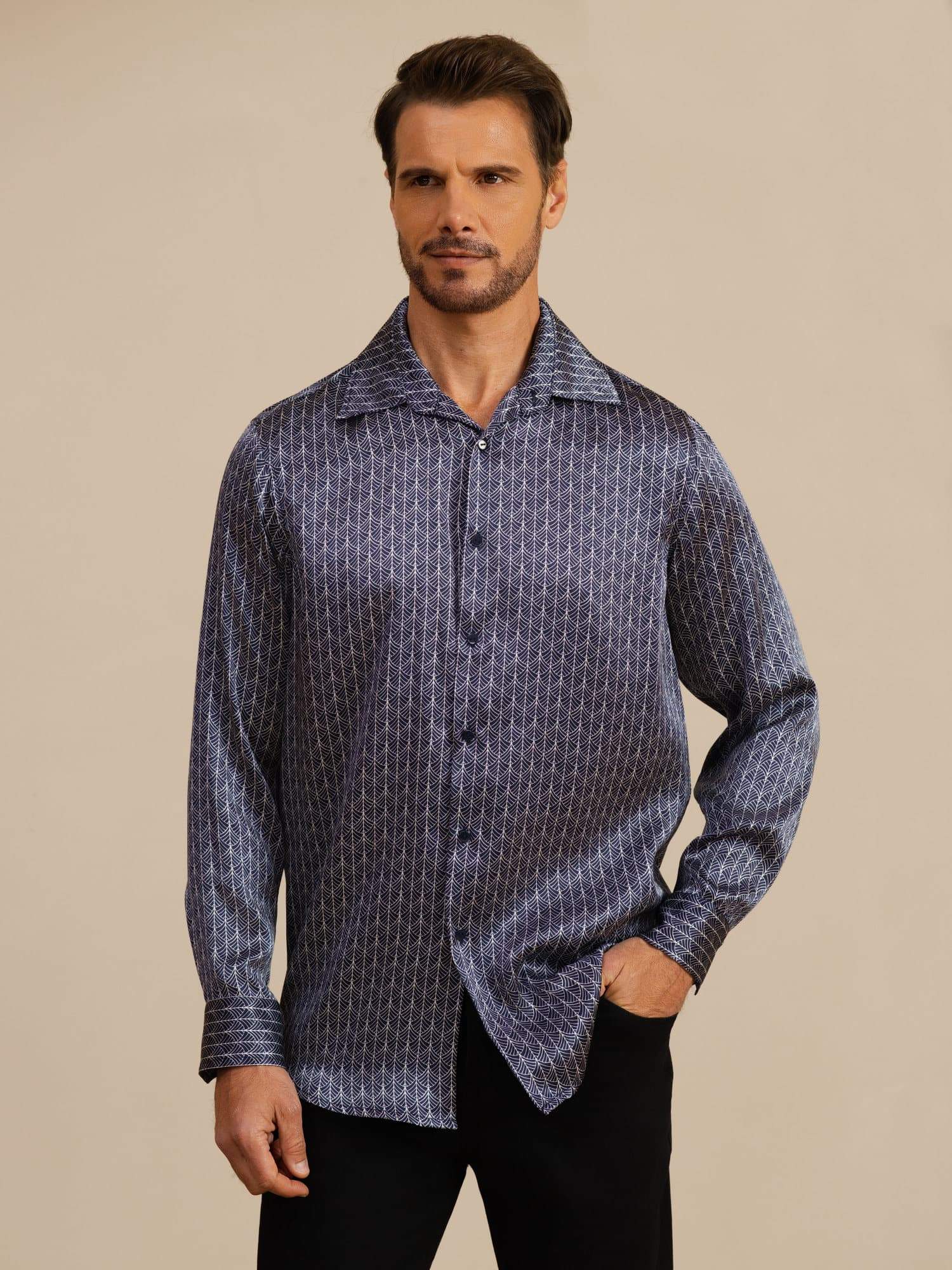 [Ginkgo Azul Marino] SilkSilky-ES Manga larga Cuello con Solapa Camisa de hombre 001