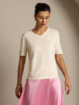 [Beige] SilkSilky-ES Manga corta Cuello en V Camisetas de Mujer 005