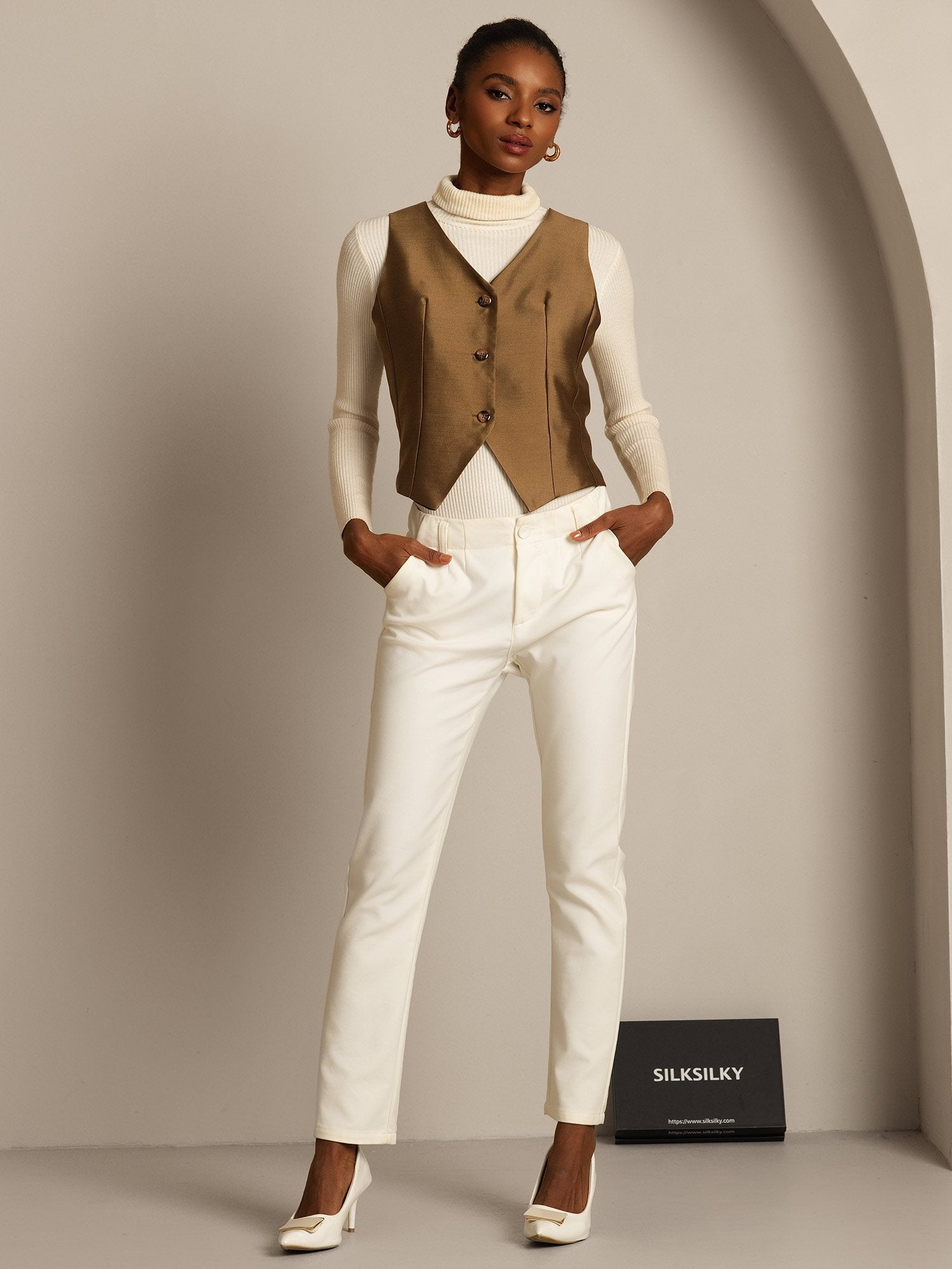 [Bronce] SilkSilky-ES 32Momme Silk-Wool Blend Cuello en V Chaleco Mujer 007,