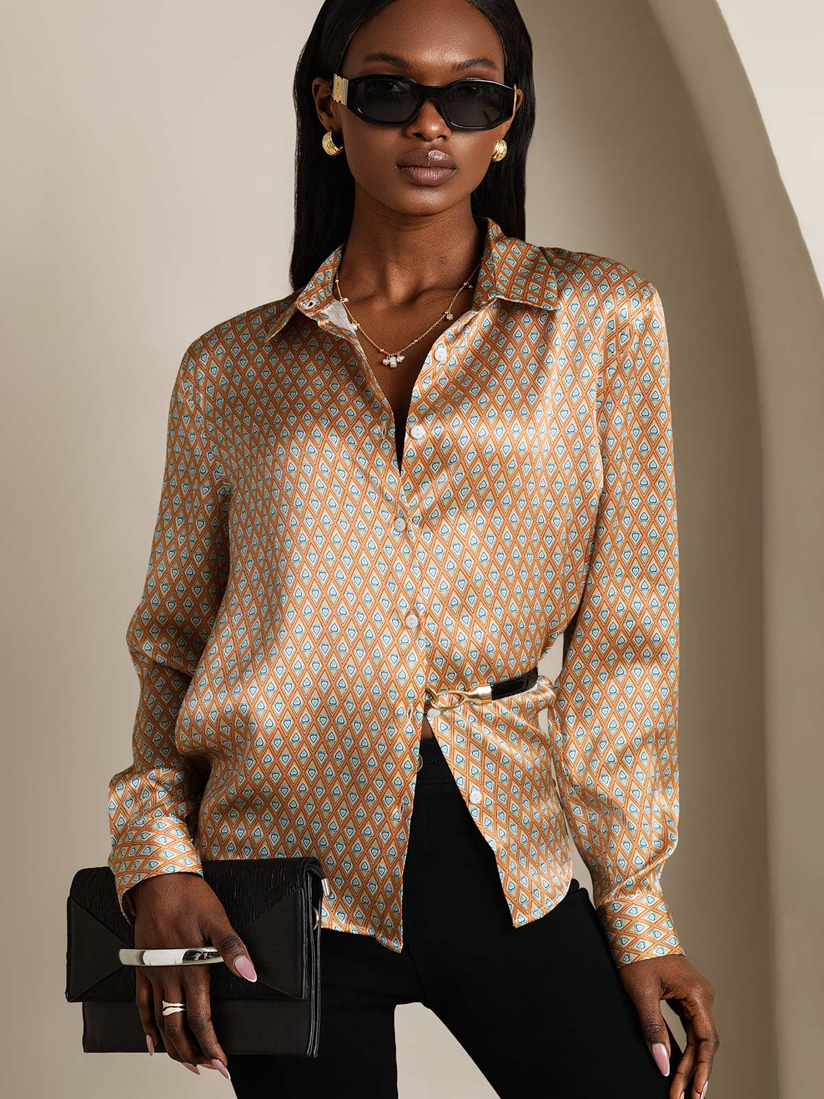 [Floral] SilkSilky-ES Seda Manga larga Cuello Camisero Blusas de Mujer 003