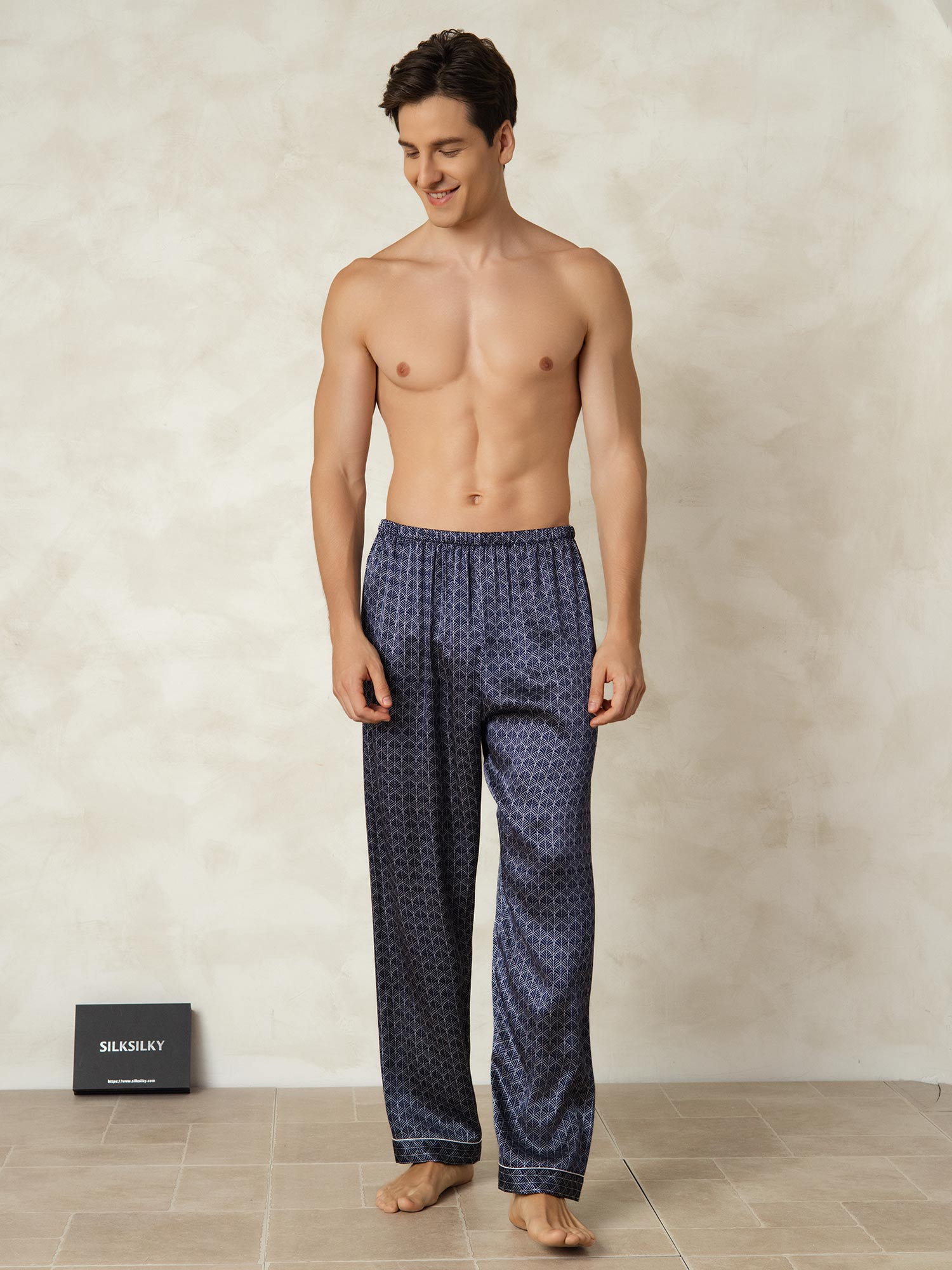 [Ginkgo Azul Marino] SilkSilky-ES Seda Pura Mens Sleep Bottoms 005
