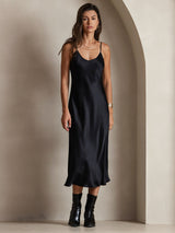 [Negro] SilkSilky-ES Spaghetti Strap V Neck Vestido 001