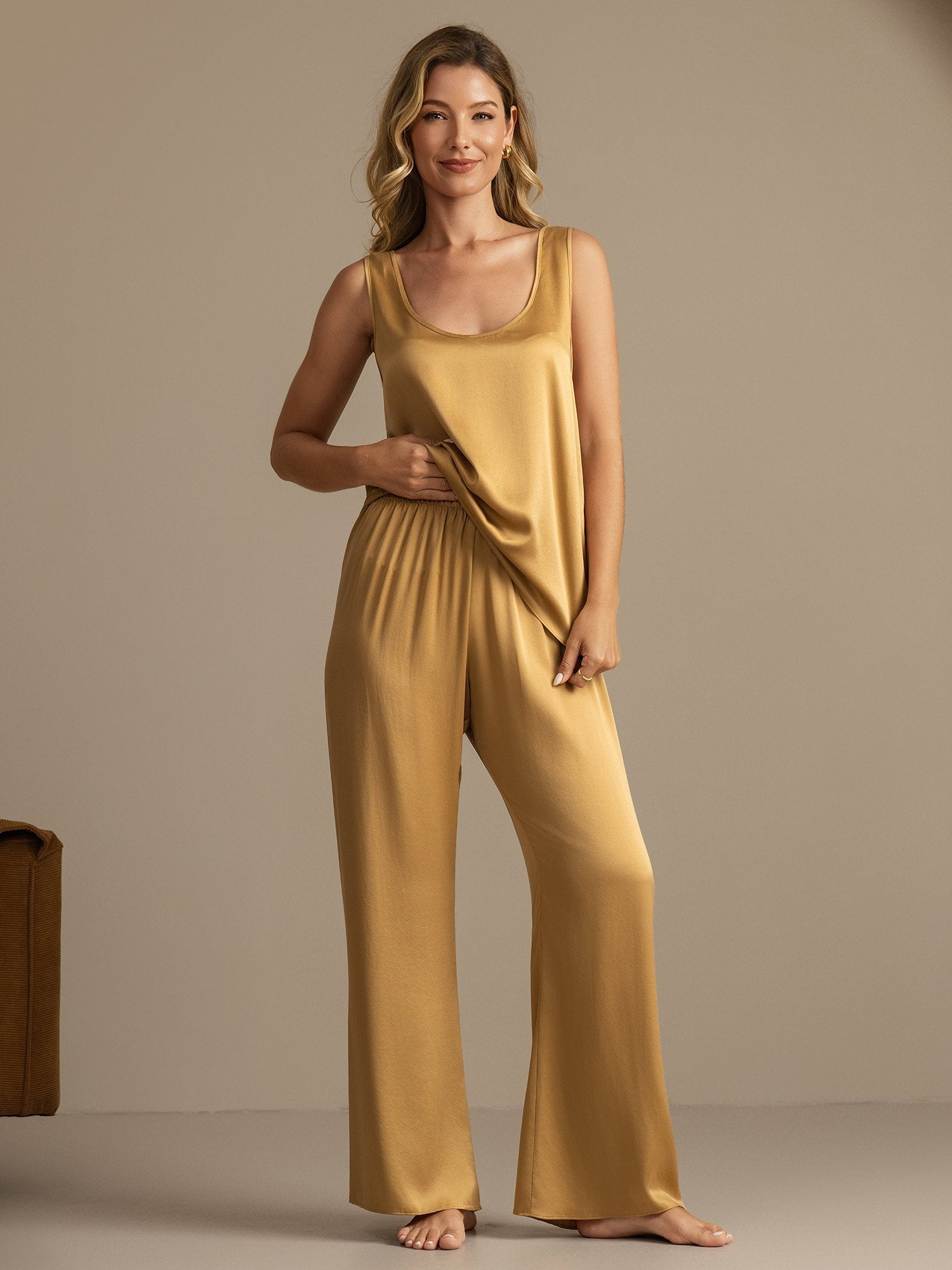 [Marrón Claro] SilkSilky-ES 19Momme Seda Womens Pajamas 003,