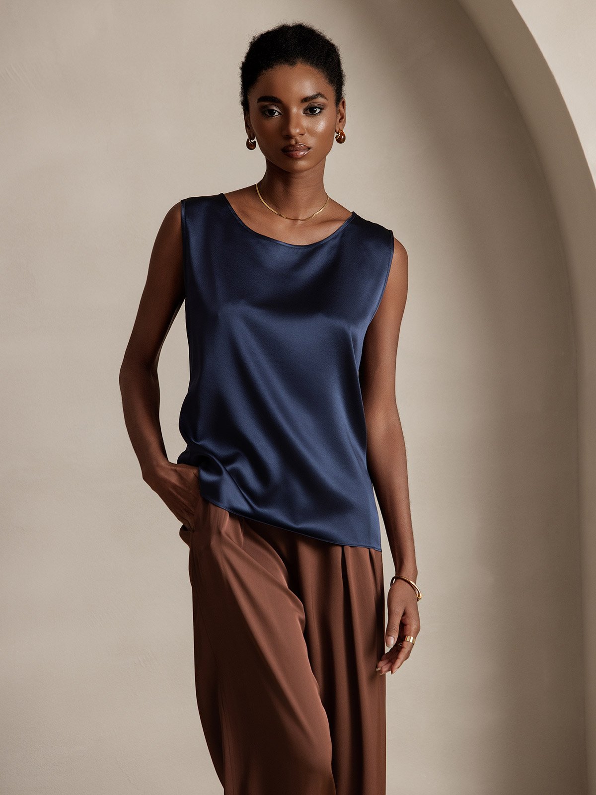 [Azul Oscuro] SilkSilky-ES 19Momme Sin mangas Cuello Redondo Top de tirantes 001
