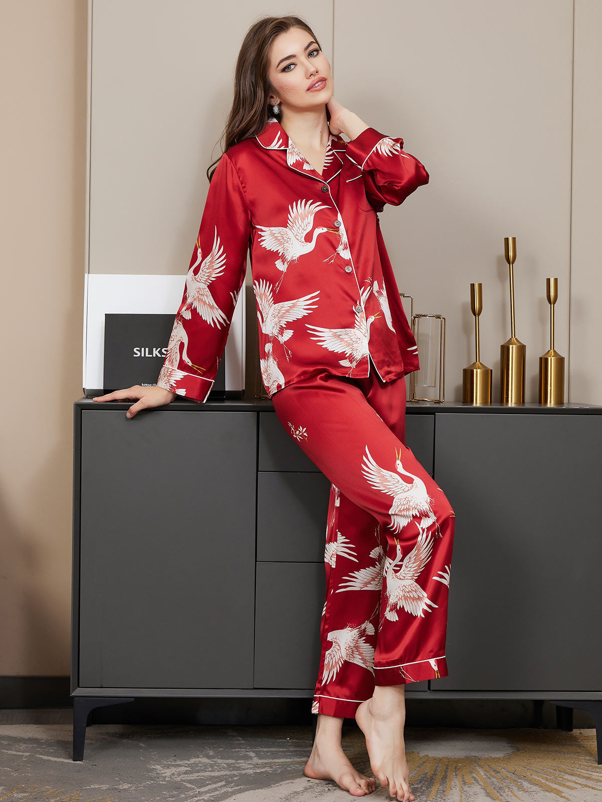 [Rojo Oscuro] SilkSilky-ES 19Momme Seda Pura Womens Pajamas 002,