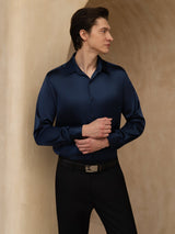 [Azul Oscuro] SilkSilky-ES 19Momme Manga larga Cuello con Solapa Camisa de hombre 004