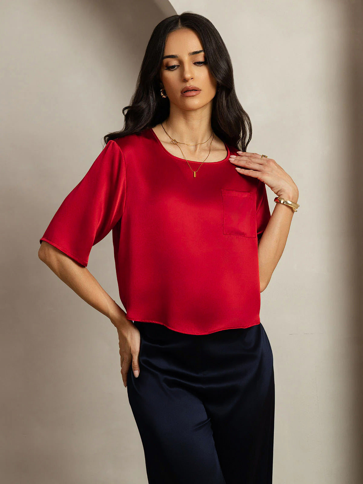 [Rojo Oscuro] SilkSilky-ES Seda Pura Cuello Barco Camisetas de Mujer 005