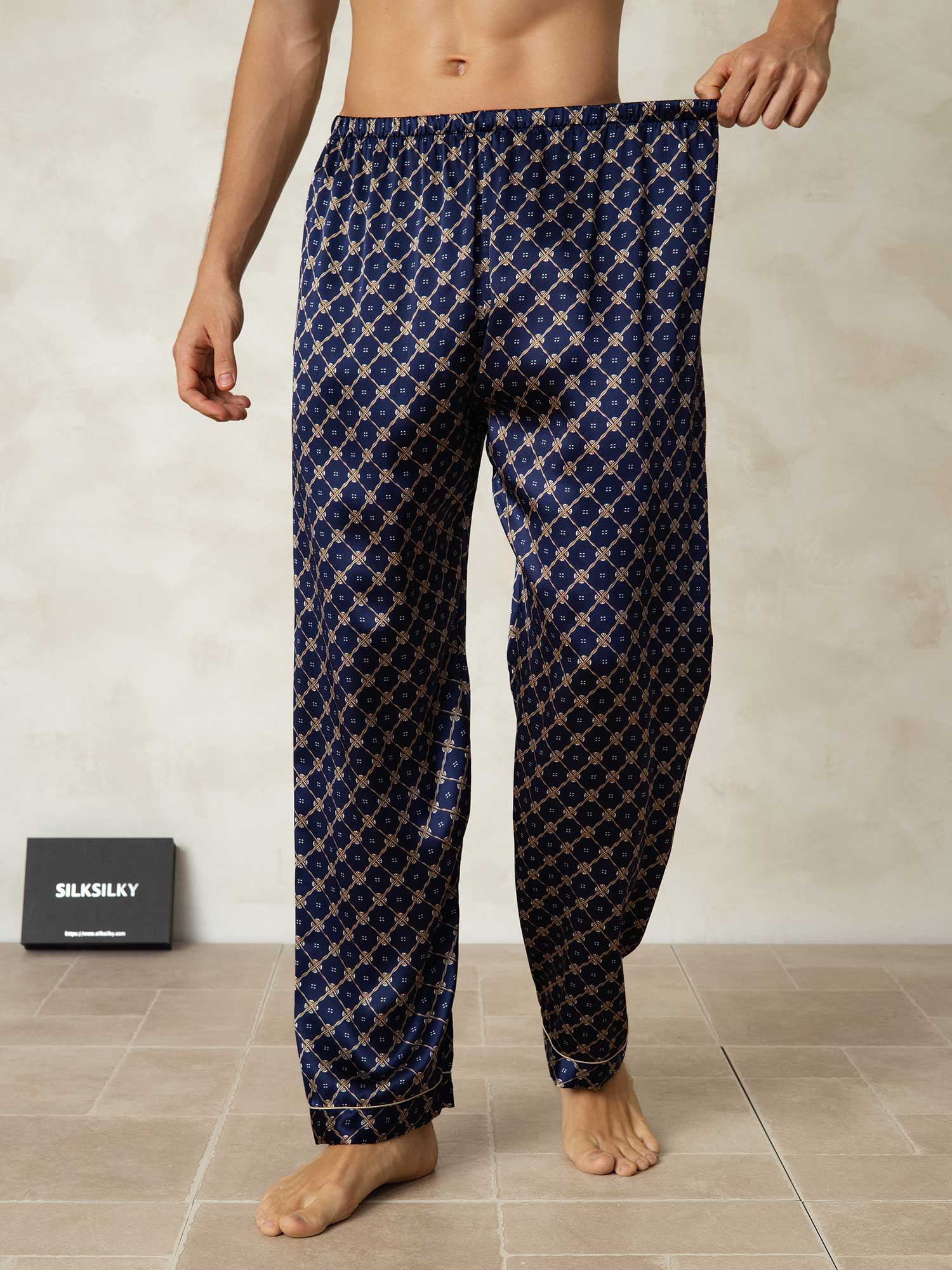 [Cadena Azul Marino] SilkSilky-ES Seda Pura Mens Sleep Bottoms 003