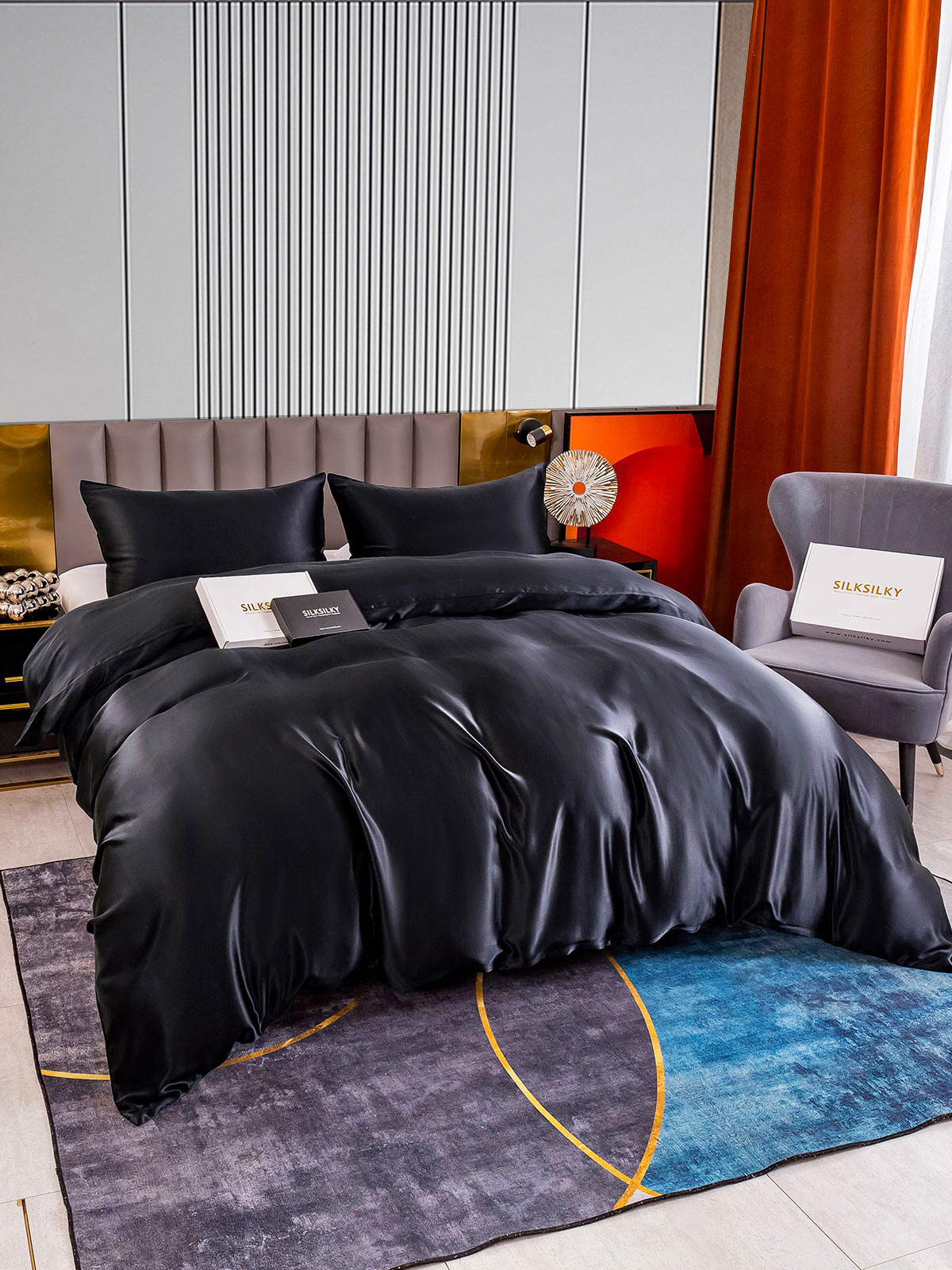 [Negro] SilkSilky-ES 22Momme Seda Pura Bedding Set 005