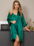 SilkSilky ES Seda Pura Manga francesa Nightgown&Robe Set Verde 001