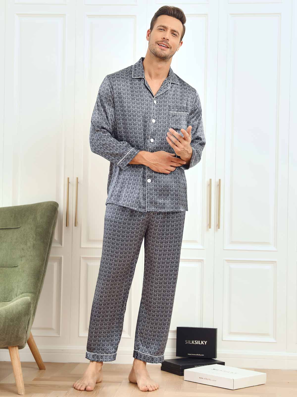 [Ginkgo Azul Marino] SilkSilky-ES 19Momme Seda Pura Mens Pajamas 006