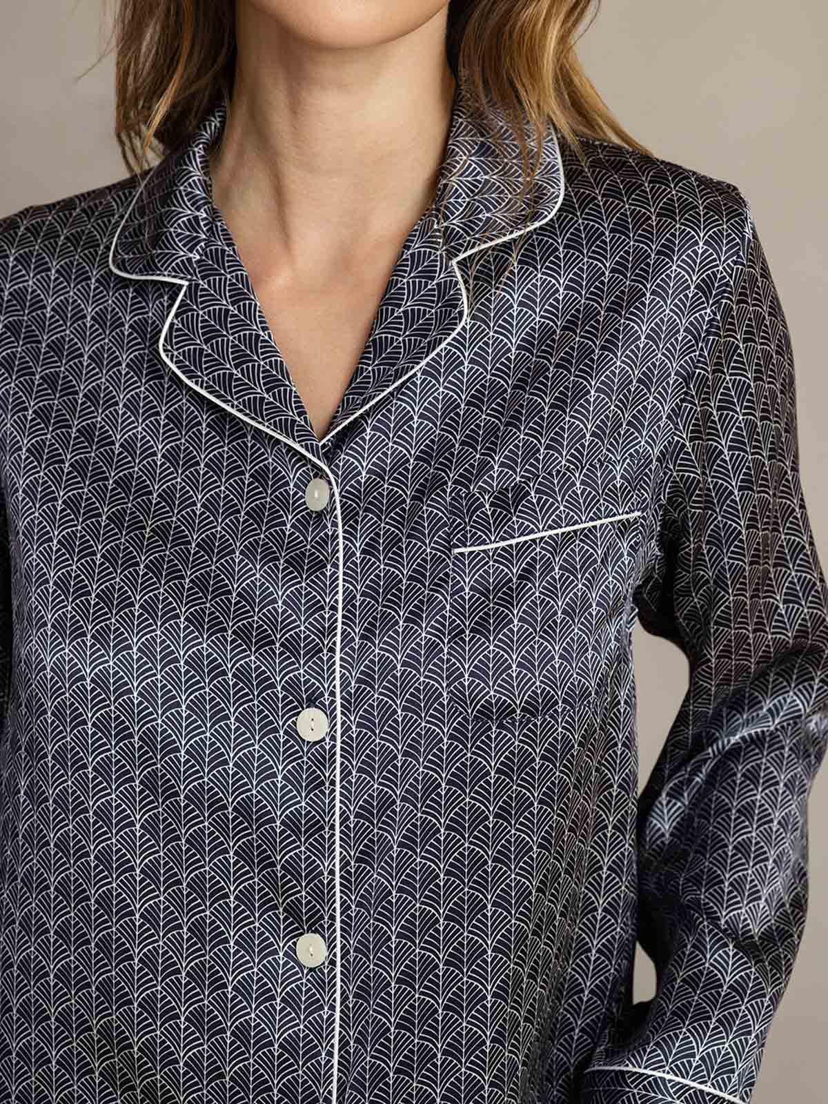 [Ginkgo Azul Marino] SilkSilky-ES Seda Pura Womens Pajamas 006