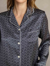 [Ginkgo Azul Marino] SilkSilky-ES Seda Pura Womens Pajamas 006,