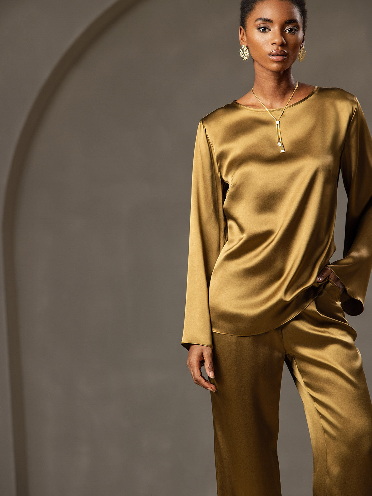 [Marrón] SilkSilky-ES 19Momme Seda Manga larga Blouse 005