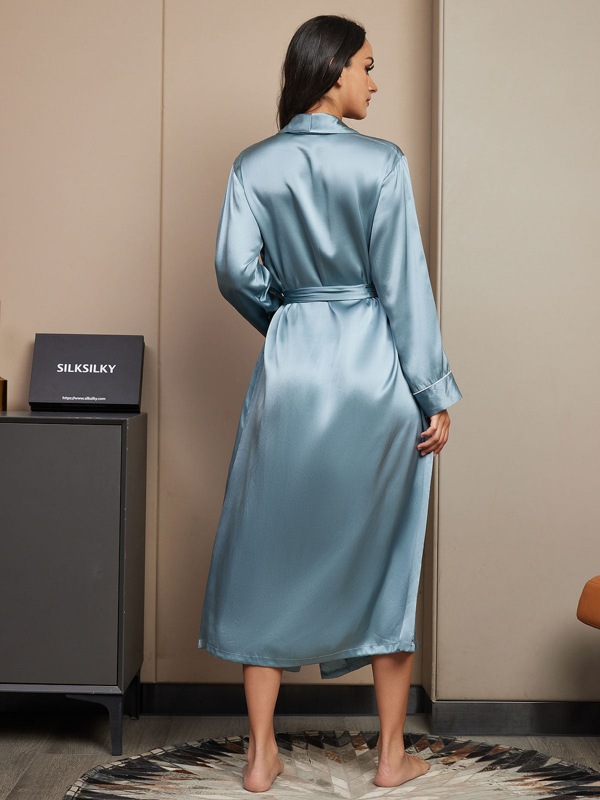 [Azul Grisáceo] SilkSilky-ES 19Momme Seda Pura Womens Robe 002,