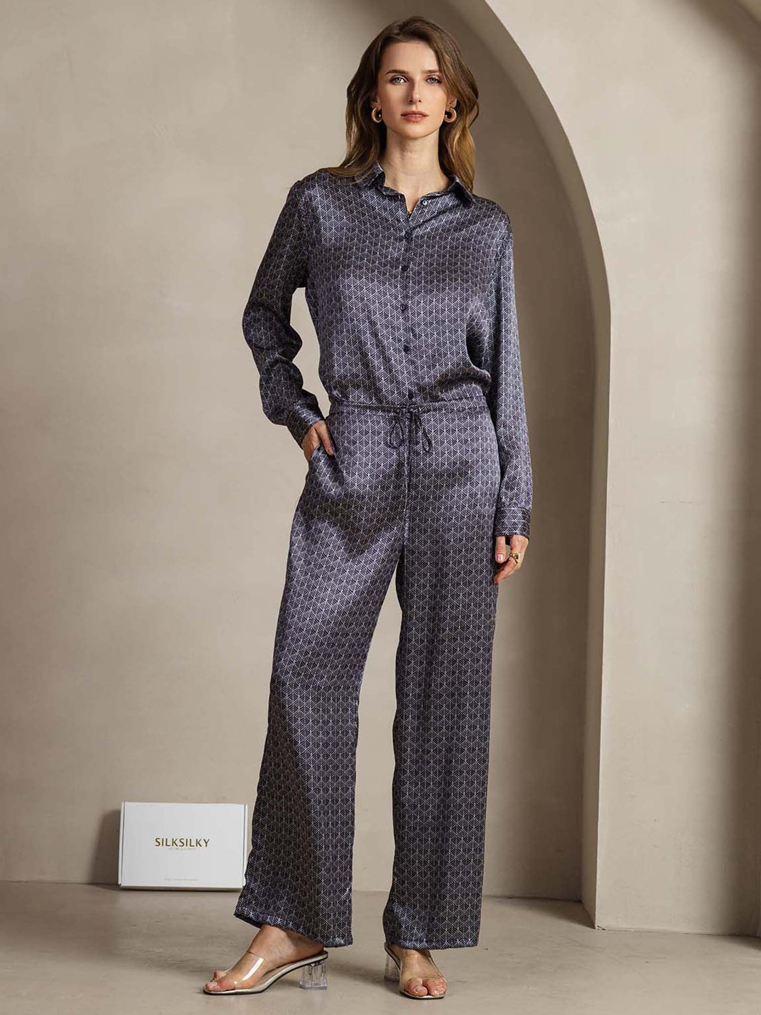 [GinkgoAzulMarino] SilkSilky-ES 19Momme Seda Lapel Collar Women''s Outfit Sets 001