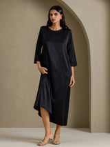 [Negro] SilkSilky-ES 3/4 Sleeve Round Neck Vestido 007